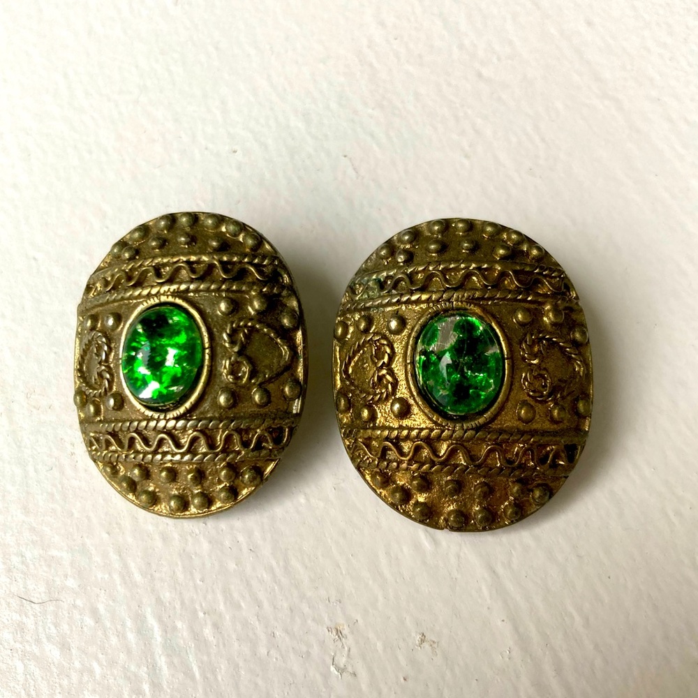 Green Glass Etruscan Style Oval Brass clip-on button earrings 1.25"